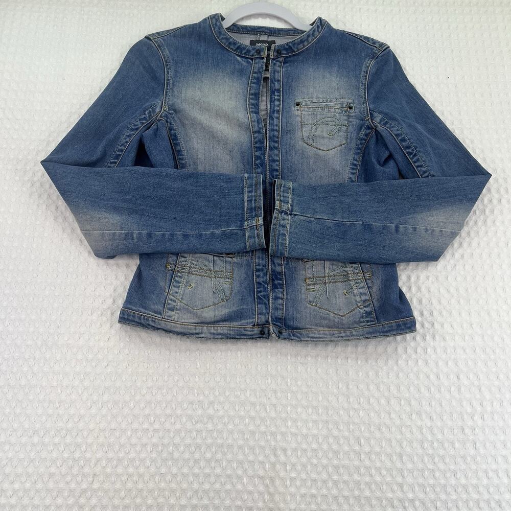 Mexx Denim Jacket Women’s Size 2 Blue Stretch Collarless Zip Front Fitted